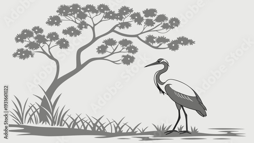 Elegant Heron Standing by a Tree in a Serene Natural Setting.