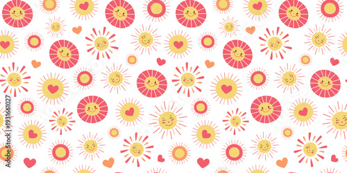 Cheerful suns and hearts. Seamless pattern. Cute, bright cartoon suns with smiles on their faces. A colorful spring-summer background. Wallpaper, decor.