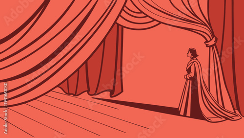 Woman standing on stage with red curtains.