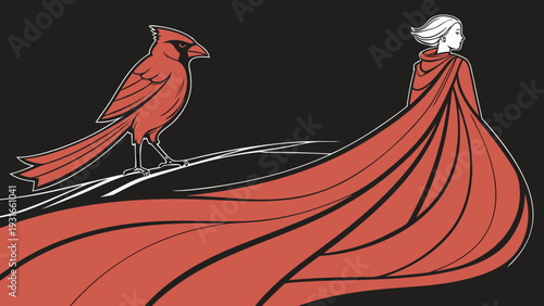 Woman with flowing red cape and cardinal bird.
