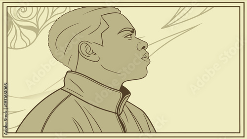 Young man in profile with determined expression line art illustration.