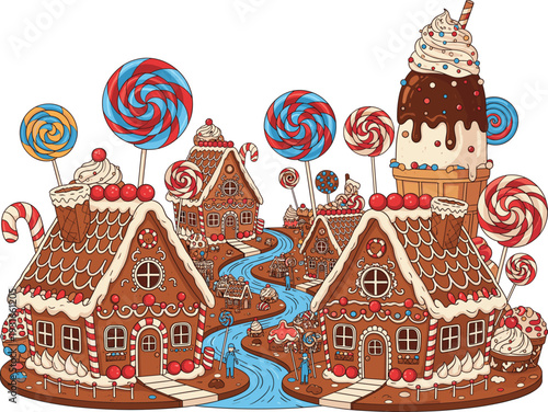 Whimsical Gingerbread Village Vector Illustration Featuring Candy-Coated Houses, Lollipop Trees, and a Giant Ice Cream Sundae Tower for Holiday and Confectionery Designs