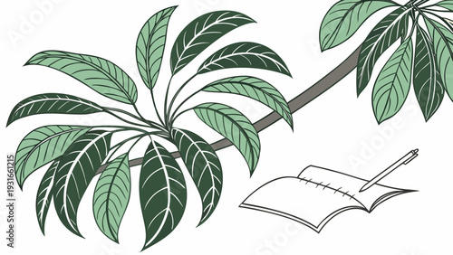 Green leaves and open notebook with pen.