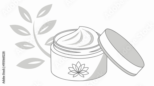 Handdrawn illustration of a natural cosmetic cream jar with a lotus flower design and plant leaves.