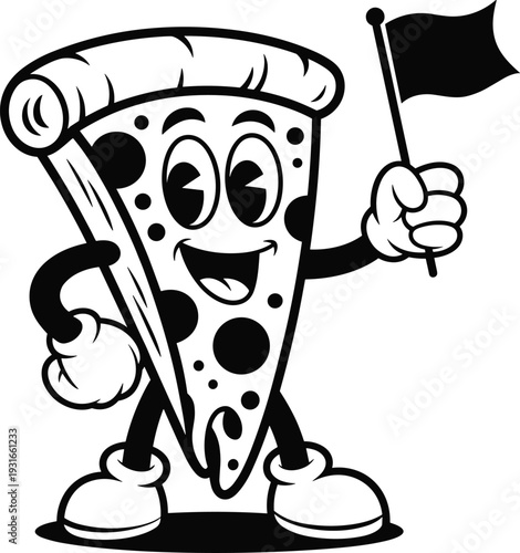 PrintCartoon pizza slice mascot vector illustration, cheerful food design with anthropomorphic character, pepperoni toppings, flag, and playful motifs