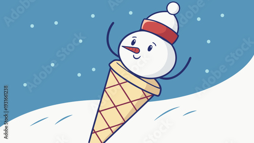 Happy Snowman in an Ice Cream Cone on a Snowy Hill.