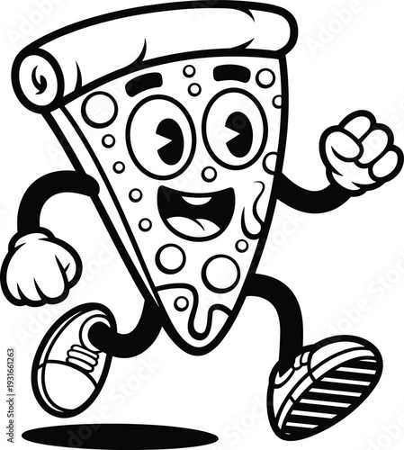 Cartoon pizza slice mascot vector illustration, cheerful food design with anthropomorphic character, pepperoni toppings, running pose, and playful motifs