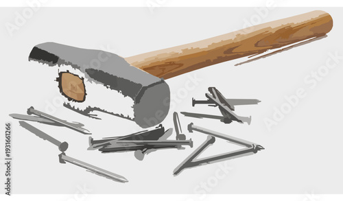 Realistic hammer and nails construction tool isolated on white
