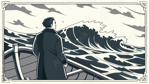 Man in coat stands on boat looking at big waves.