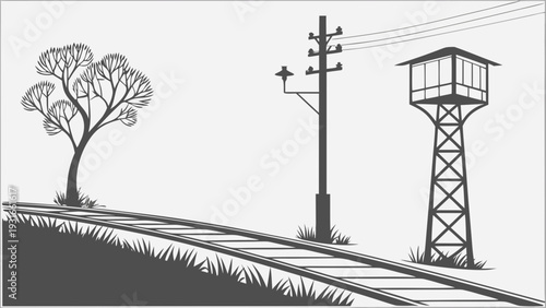 Monochrome illustration of railway tracks with a signal tower and telegraph pole.
