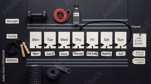 Strength Cardio Mobility Training Split Infographic, Mixed Media Flat Lay With Real Objects, Labeled Weekly Plan Diagram For Fitness Education.