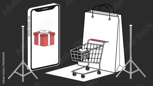 Online shopping concept with smartphone shopping cart and gift box.