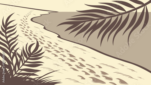 Palm Leaves Shadows on Sandy Beach with Water Edge.