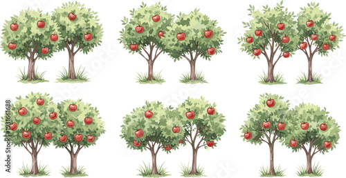 Set of Apple Tree Orchard Vector Illustrations with Ripe Red Fruit and Green Foliage for Agricultural Landscapes, Farm Branding, and Rural Nature Graphics