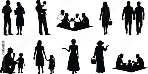 Family and social interaction silhouettes collection, adults children vector illustration, caregiving communication artwork design - flat vector illustration