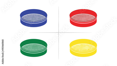 Four petri dishes with different colored lids and microbial cultures inside