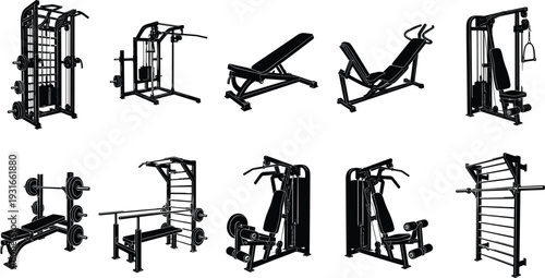 Gym equipment silhouette illustration set, fitness machines and benches for strength training and exercise theme - flat vector illustration