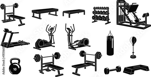 Gym equipment silhouettes collection, fitness training vector illustration, workout machines dumbbells treadmill boxing artwork design - flat vector illustration