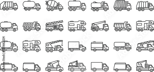 Truck utility vehicle icon illustration set, diverse service and industrial transport designs including garbage, fire, tanker and crane theme - flat vector illustration