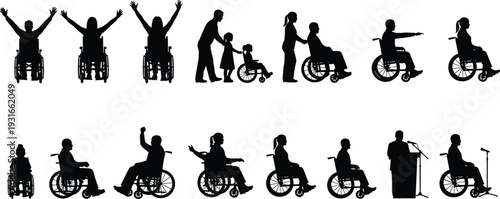 Wheelchair silhouette illustration set, diverse individuals with disabilities engaging in activities, assistance and empowerment theme - flat vector illustration