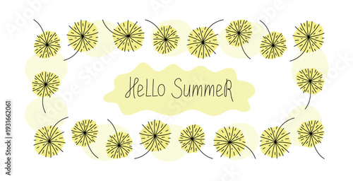 Frame with abstract flowers and dandelion seeds. Banner with hand  lettering, slogan Hello, Summer. Illustration, sketch. Floral set with simple plant drawings.