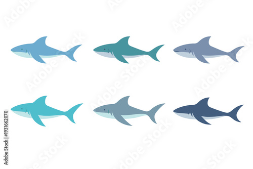 Set of Cartoon Shark Icons, Blue Gradient Shark Silhouettes, Ocean Marine Animals Pixel Style