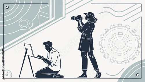 Photographer and editor working on a project with technology elements.