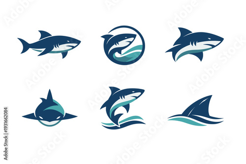 Shark Logo Vector Pack - Blue Teal Aggressive Emblems, Circle Wave Designs, Jumping Profiles, Frontal Fierce Shark, Modern Sports Fitness Marine Mascot Set