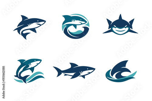 Shark Logo Vector Collection - Blue Teal Wave Emblems, Swirl Circle Designs, Smiling Aggressive Shark, Jumping Profiles, Modern Sports Fitness Marine Mascot Icons Set