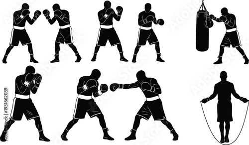 Boxing silhouettes collection, fighters training poses vector illustration, sparring punching defensive artwork design graphic - flat vector illustration