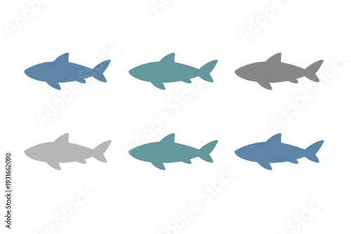 Minimalist Shark Silhouette Icons Set - Flat Vector Blue Teal Gray Variations, Simple Marine Predator Profiles, Clean Sports Fitness Logo Elements