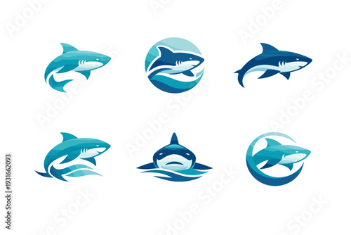 Shark Logo Vector Pack - Blue Teal Aggressive Shark Emblems, Circle Badges, Jumping Profiles, Wave Elements, Modern Sports Fitness Mascot Icons Set