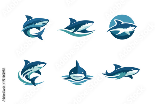 Shark Logo Vector Set - Aggressive Blue Shark Emblems, Jumping Shark, Profile Silhouettes, Circle Badge, Water Wave Elements, Modern Fitness Sports Mascot Icons