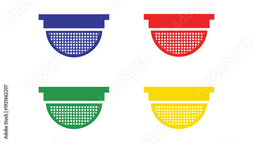 Four colorful trash bins with mesh inserts displayed in a grid layout