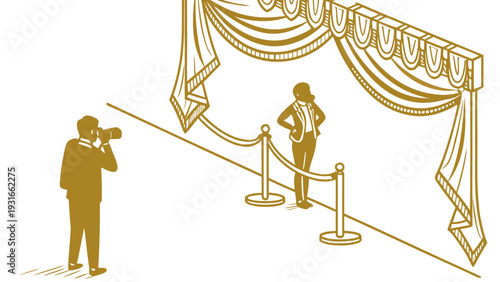 Photographer capturing a celebrity on a red carpet with elegant drapes.