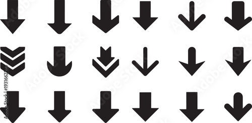 Down arrow vector icon set, black directional signs and symbols collection