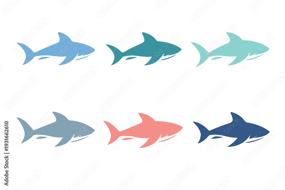 Naklejka premium Shark Silhouette Icons Set – Minimalist Blue Teal Coral Vector Pack