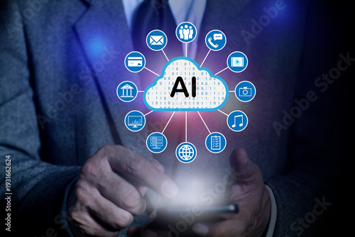 Businessman working with circular futuristic hologram Interface with AI microchip cloud computing and data transfer concept.