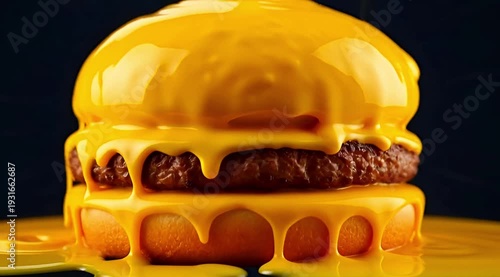 Gourmet Cheeseburger with Dynamic Liquid Cheddar Cheese Splash and Pouring Sauce
