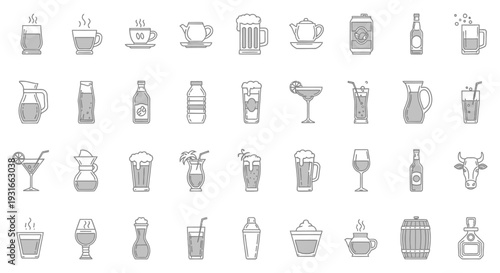 diverse collection of beverage icons illustrating various hot cold and alcoholic drinks for menu design and apps