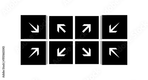 eight black square uiux icons with white abstract arrow symbols representing digital expand contract and resize concepts.