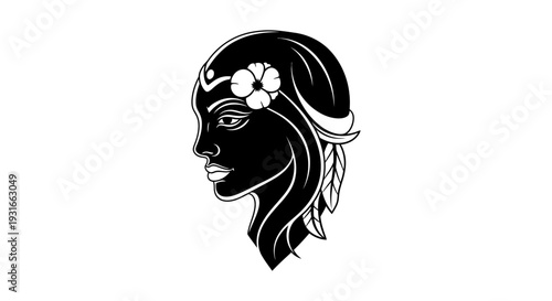 elegant profile illustration of a stylized woman with a flower and feathers symbolizing beauty grace and nature