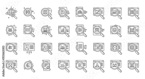 magnifying glass search and data analysis line icons for web analytics business intelligence and digital marketing concepts.