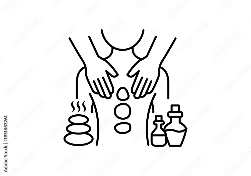 Fototapeta premium Icono de masaje relajante con piedras volcánicas calientes y aceites esenciales sobre la espalda de una persona