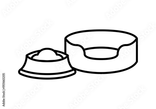 Icono de cama para mascota y cuenco de comida en estilo lineal