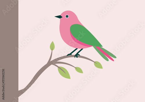 Pájaro de colores rosado y verde posado sobre una rama con hojas pequeñas