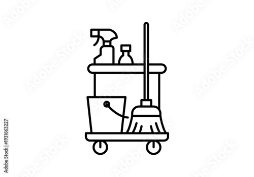 Icono carrito de limpieza con ruedas equipado con cubo escoba y productos desinfectantes en estilo lineal