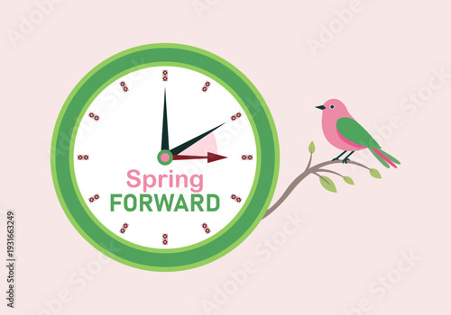 Reloj de pared con aviso de cambio de hora de primavera y pájaro en rama sobre fondo rosa