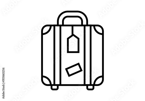 Icono de maleta de viaje con etiqueta de equipaje y pegatinas en estilo lineal