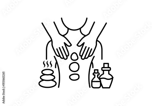 Icono de masaje relajante con piedras volcánicas calientes y aceites esenciales sobre la espalda de una persona